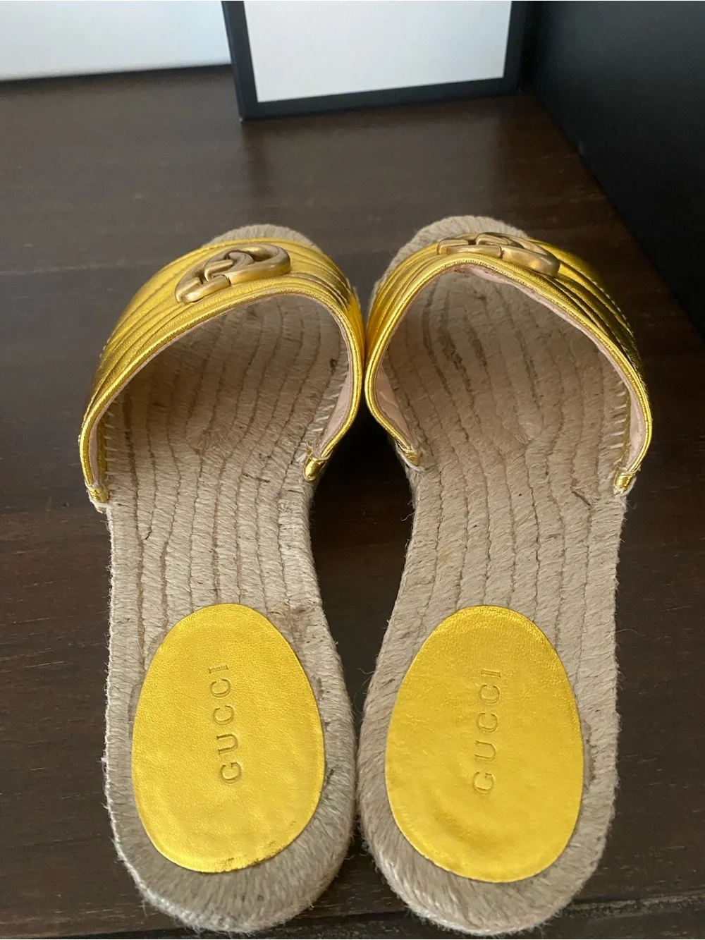 Gucci Metallic Gold Quilted GG Espadrille Slide Mules
